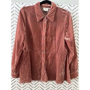Anthropologie HD in Paris Pink Velvet Peplum Long Sleeve Button Shirt Sz M